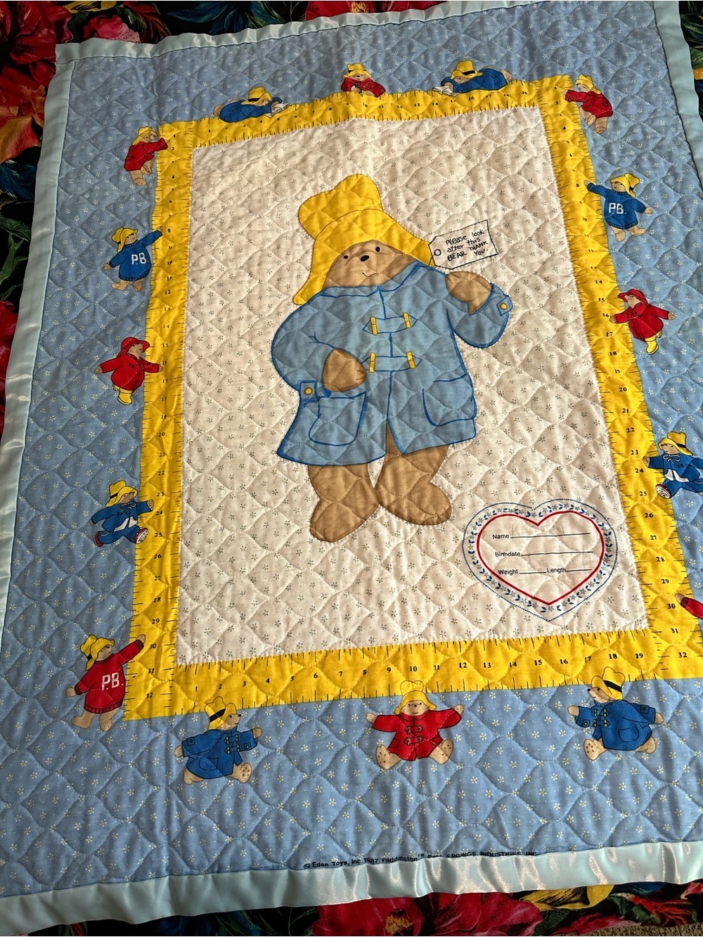 Paddington Bear Quilted Baby Blanket - Blue & Yellow vintage 46 x 36